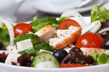 Salad with chicken, tomatoes, cucumbers, cheese macro