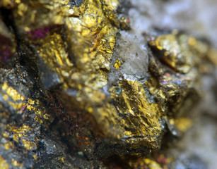 Crystal,nugget, gold, bronze, copper, iron. Macro. Extreme close
