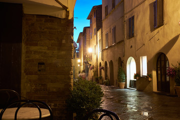 Illuminated Street of Pienza after rain at Night, Italy