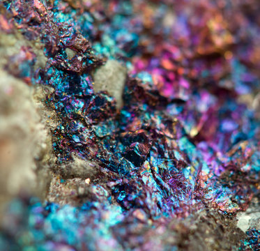 Crystal,nugget, gold, bronze, copper, iron. Macro. Extreme close
