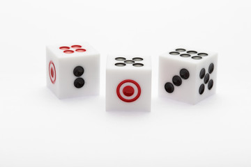 Three dice on table for game set