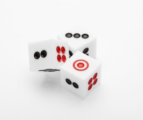 Three dice on table for game set