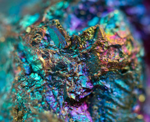 Crystal,nugget, gold, bronze, copper, iron. Macro. Extreme close