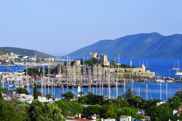 View of Bodrum harbor during hot summer day. Turkish Riviera