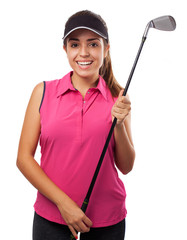 pretty woman holding a golf club isolated on white background