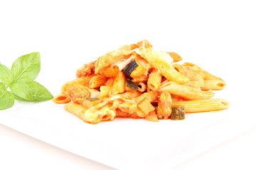 Casserole: penne, chicken, cheese, courgette, basil