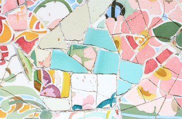 Close-up of the ceramics in Park Guell Barcelona