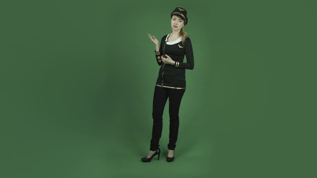 caucasian air hostess isolated on chroma green screen background