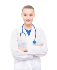 Fototapeta premium Young, professional and cheerful female doctor isolated on white