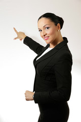 Business dressed woman, holding presentation.