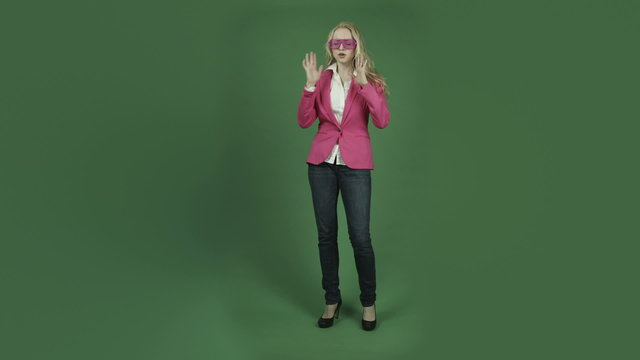 caucasian woman pink jacket isolated on chroma green screen