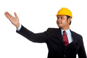 Asian engineer man open his hand present something