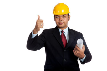 Asian engineer man hold blueprint and thumbs up