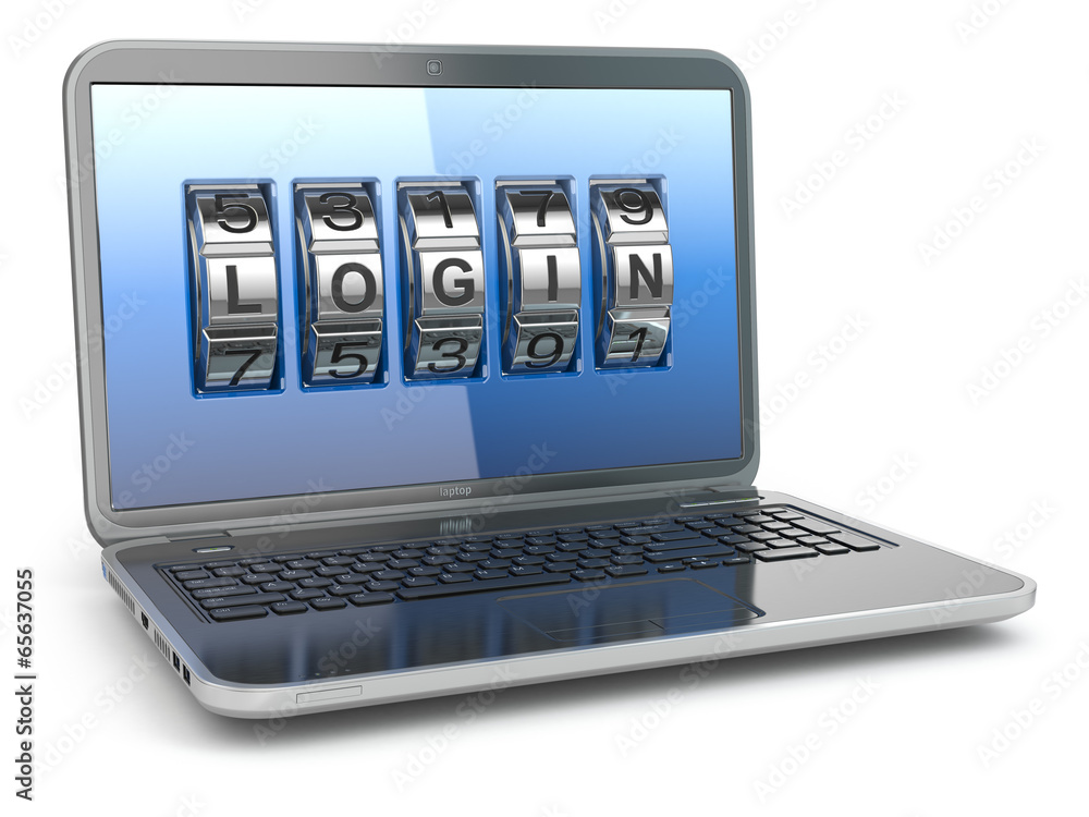 Poster Computer or internet security concept. Laptop with code login.