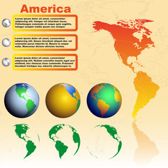 America map on yellow background with world globes