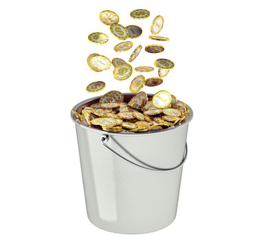Bucket full of golden coins - isolated on white
