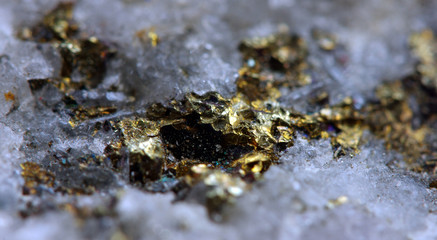 Crystal,nugget, gold, bronze, copper, iron. Macro. Extreme close