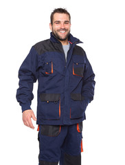 Portrait of smiling worker in blue uniform