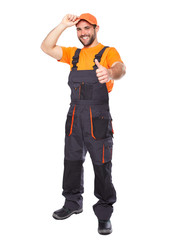 Portrait of smiling worker in blue uniform