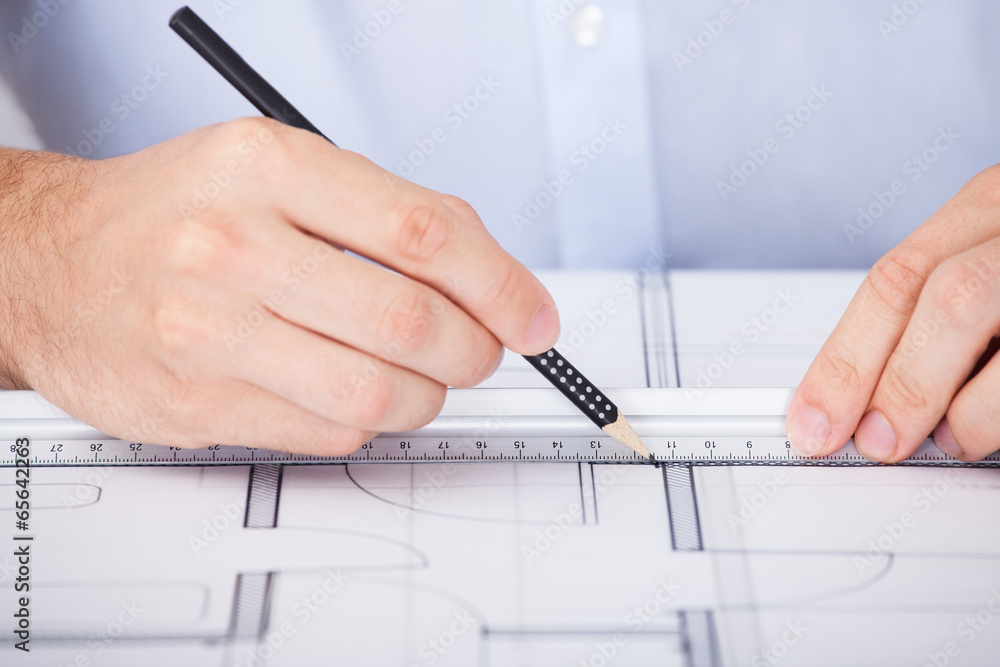Poster Cropped Image Of Architect Working On Blueprint
