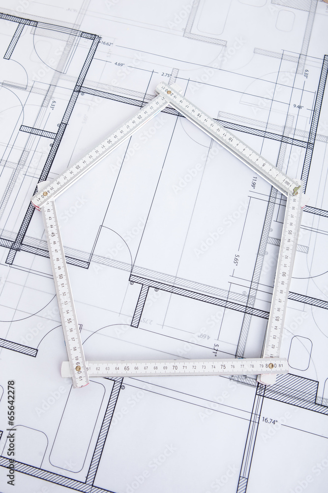 Poster Folding Ruler In House Shape On Blueprint