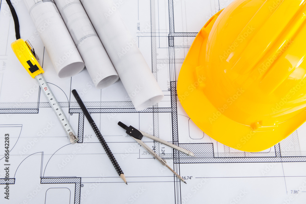 Poster Tools With Hardhat On Blueprint