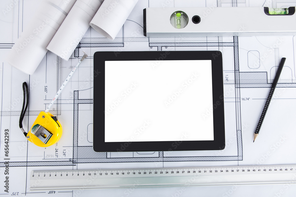 Poster Digital Tablet With Architect's Tools On Blueprint