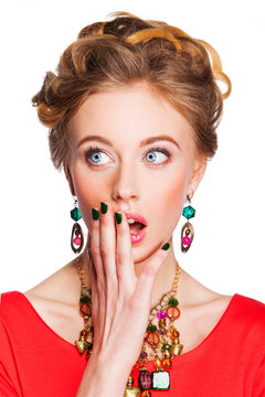 beautiful  woman with jewelry surprised Isolated