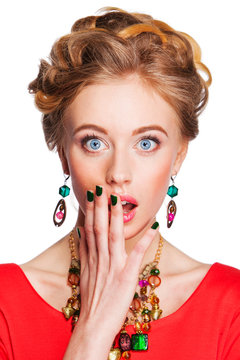 young  woman with jewelry surprised Isolated
