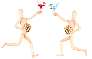 wooden Dummy with alcohol cocktail and gift