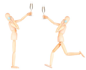 wooden Dummy with champagne and mobile phone