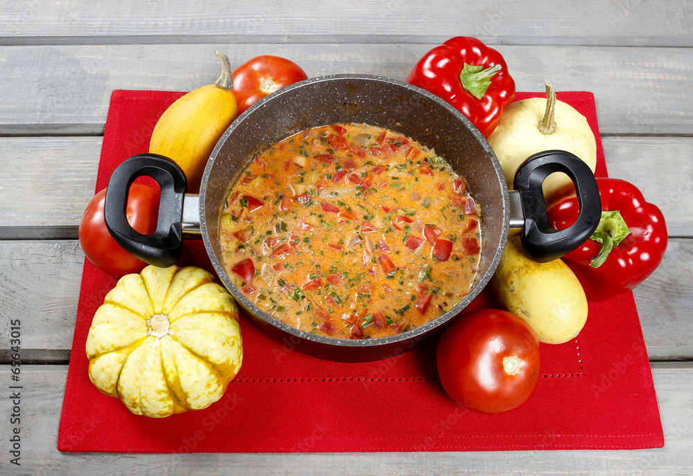 Canvas Prints pot of tomato soup on old wooden table