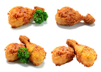 Golden brown fried chicken drumsticks