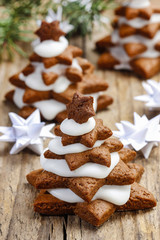 Gingerbread christmas tree on wooden table. Beautiful xmas set