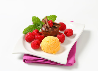 Mini chocolate cake with fresh raspberries and ice cream