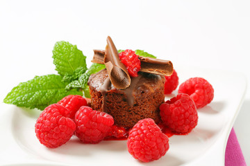 Mini chocolate cake with fresh raspberries