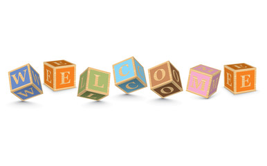 Word WELCOME written with alphabet blocks