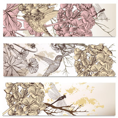 Vector set of floral backgrounds with birds and flowers