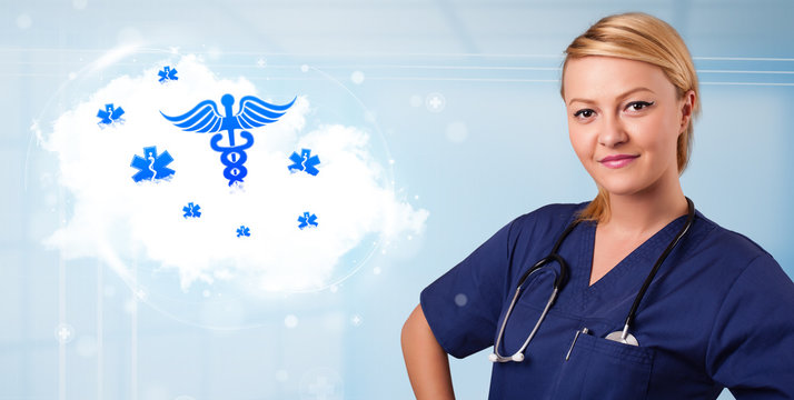 Young doctor with abstract cloud and medical icons