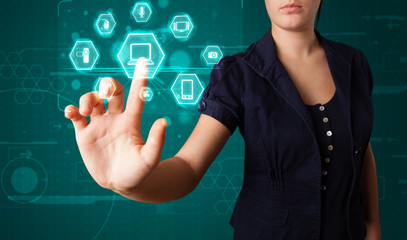 Girl pressing virtual media type of buttons