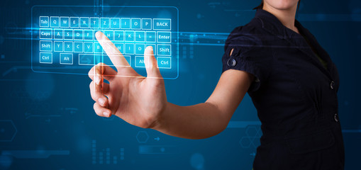 Girl pressing virtual type of keyboard