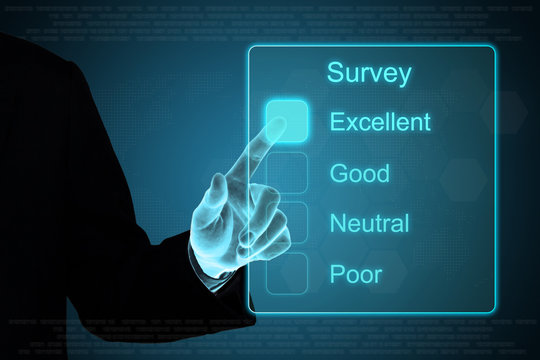 business hand clicking survey on touch screen