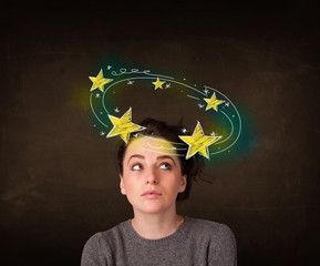 girl with yellow stars circleing around her head illustration