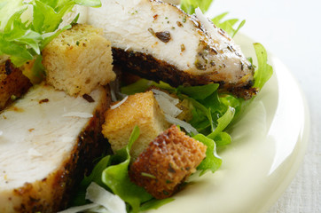 Caesar chicken salad on white table