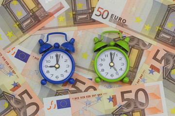 Miniature clocks showing nine and five o'clock on banknotes