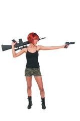 Fototapeta na wymiar Woman with Assault Rifle and Handgun