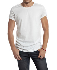 man wearing blank t-shirt. Isolated on white.