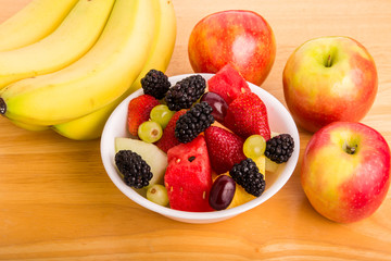 Cut Fruit with Whole Bananas and Apples