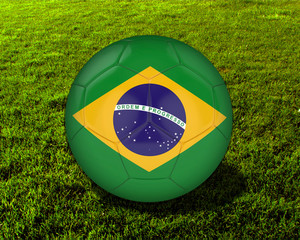 3d Brazil Soccer Ball with Grass Background - isolated