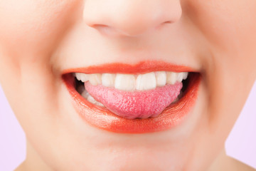 Beautiful woman red lips close up